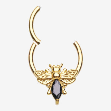 Detail View 1 of Golden Majestic Queen Bee Sparkle Steel Seamless Clicker Hoop Ring-Black